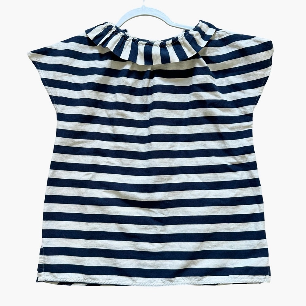 ANN MASHBURN Linen Cotton Top Size XS Navy Blue White Ruffle Tie Blouse Cap